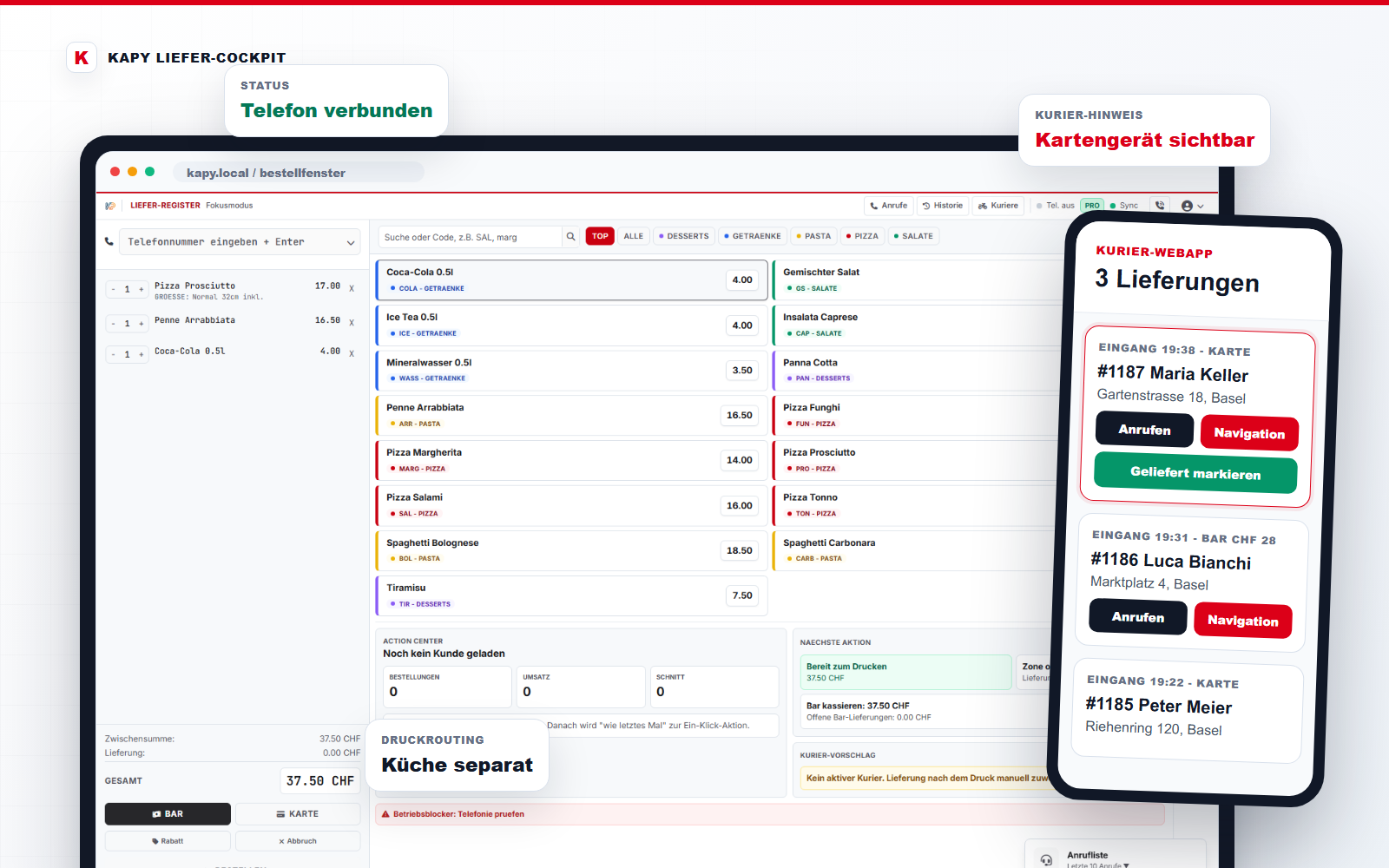 Modernes Geräte-Mockup mit echtem Kapy Bestellfenster und Kurier-Webapp