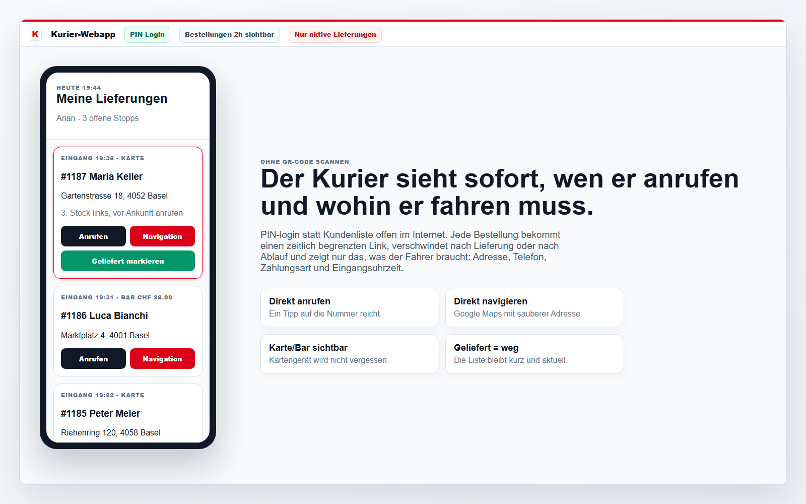 Kapy Kurier-Webapp Mockup mit aktiven Lieferungen und Buttons für Anruf, Navigation und Geliefert markieren