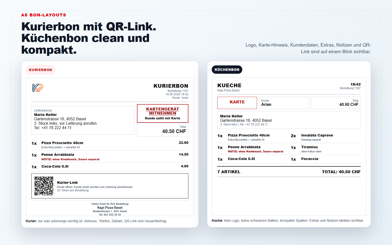 A5 Kurierbon mit Logo, QR-Code, Karte-Hinweis, Extras und kompakter Küchenbon ohne Logo