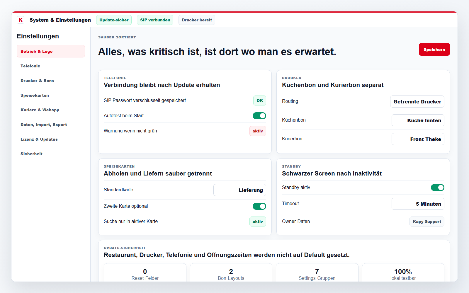 Kapy Einstellungen mit Telefonie, Drucker, Speisekarten, Standby und Update-Sicherheit