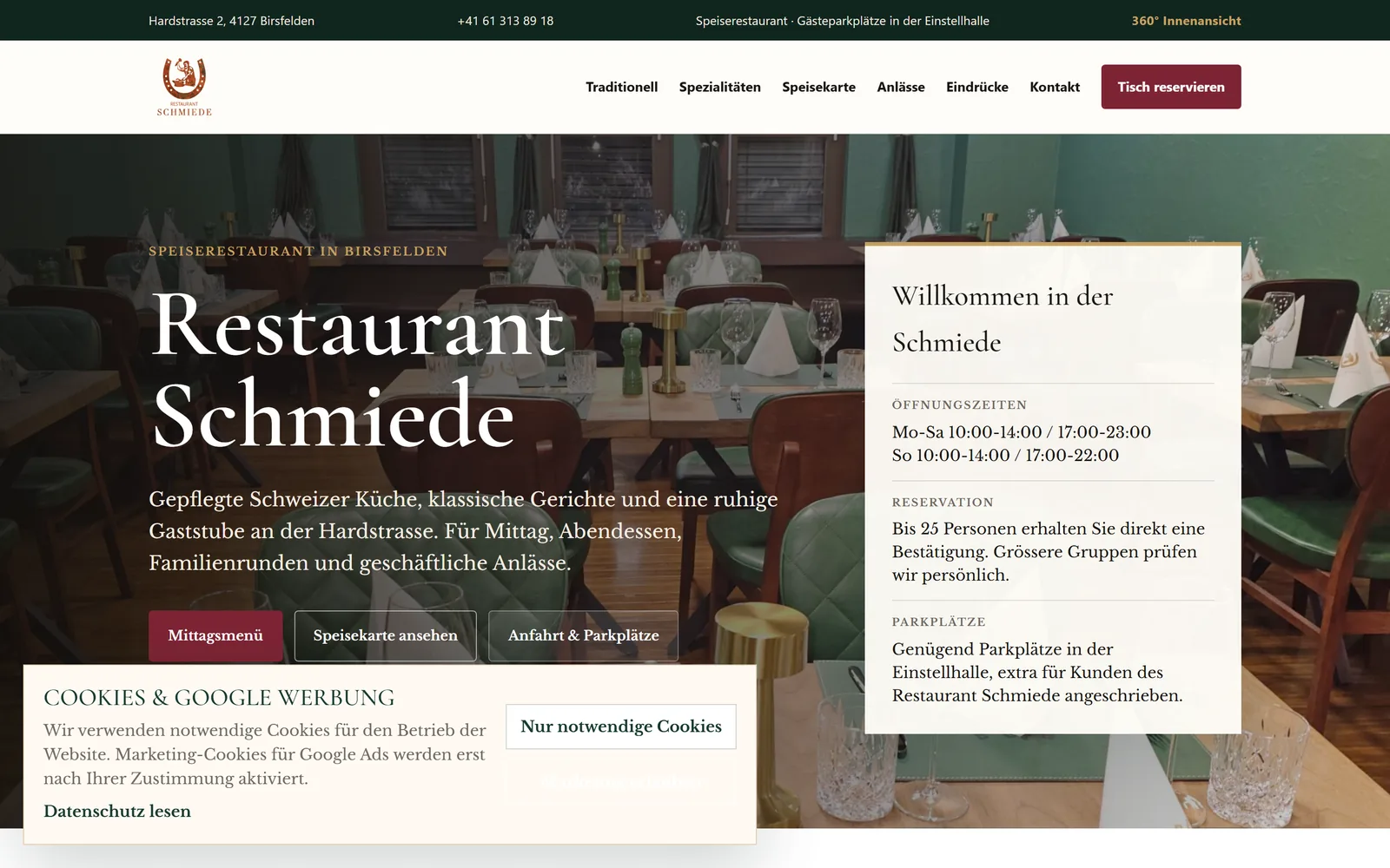 Die echte Website des Restaurant Schmiede, von Kapy gebaut